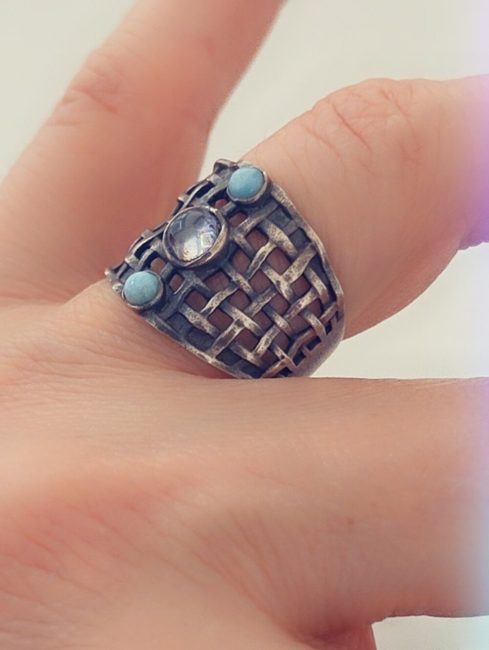 Estate Quartz & Turquoise Gemstone Ring Sterling Silver 925